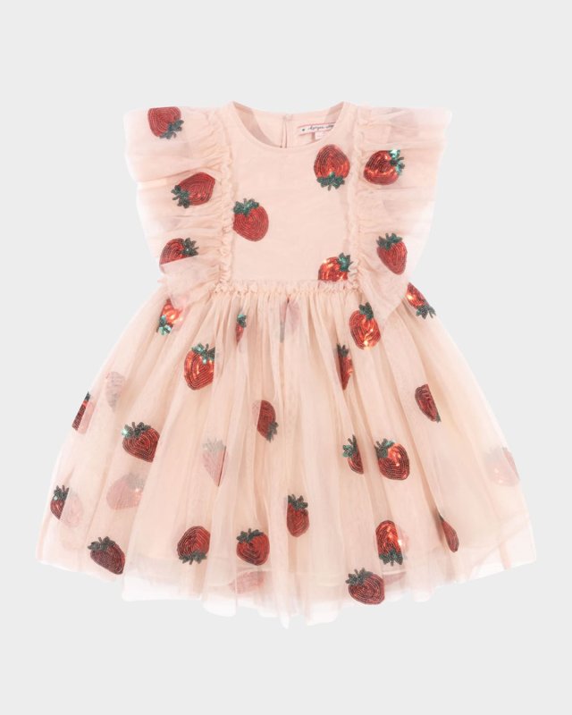 Girl's Yvonne Sequin Strawberry Frill Dress, Size 18M